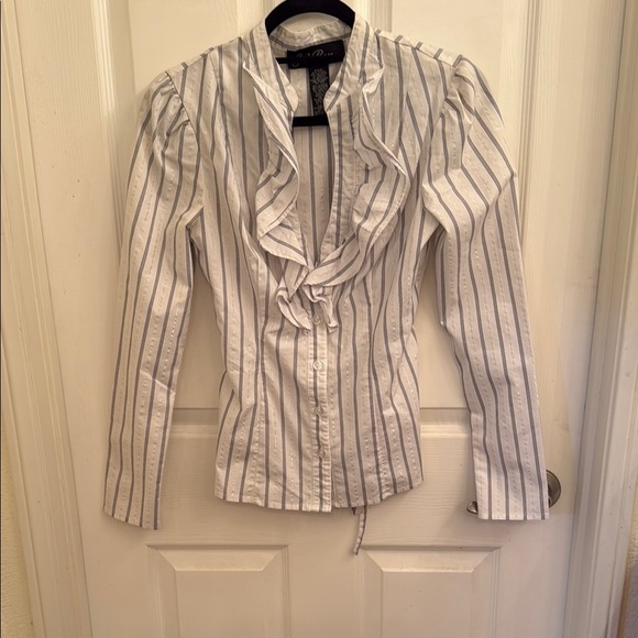 Blue, White, Silver Ruffled V-neck Collar Blouse - Picture 1 of 4